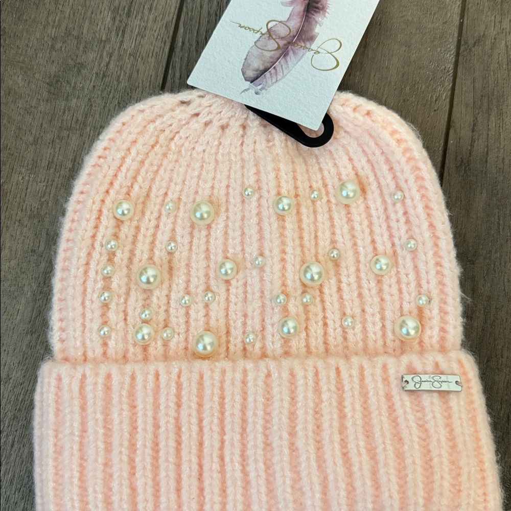 Jessica Simpson hat Women Pink White Pearl Knit Cuffed Beanie Hat New size OSFM